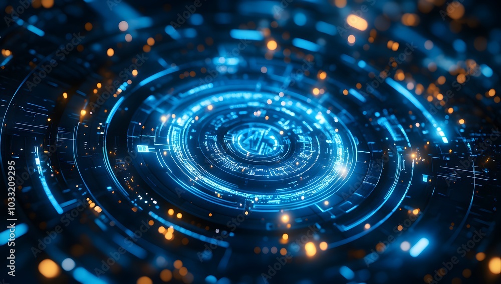 Poster abstract futuristic background with blue glowing circular elements and holographic technological pat