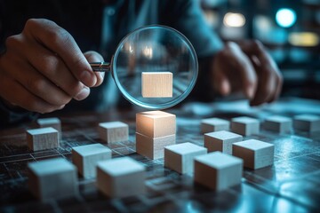 Business case study or marketing research, analyze product prototype or competitor, learning or search for strong and weakness concept, smart businessman use magnifying glass to analyze floating, Gene