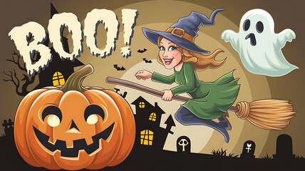 A Witch Flying on a Broom with a Jack-o-Lantern and a Ghost in a Halloween Setting