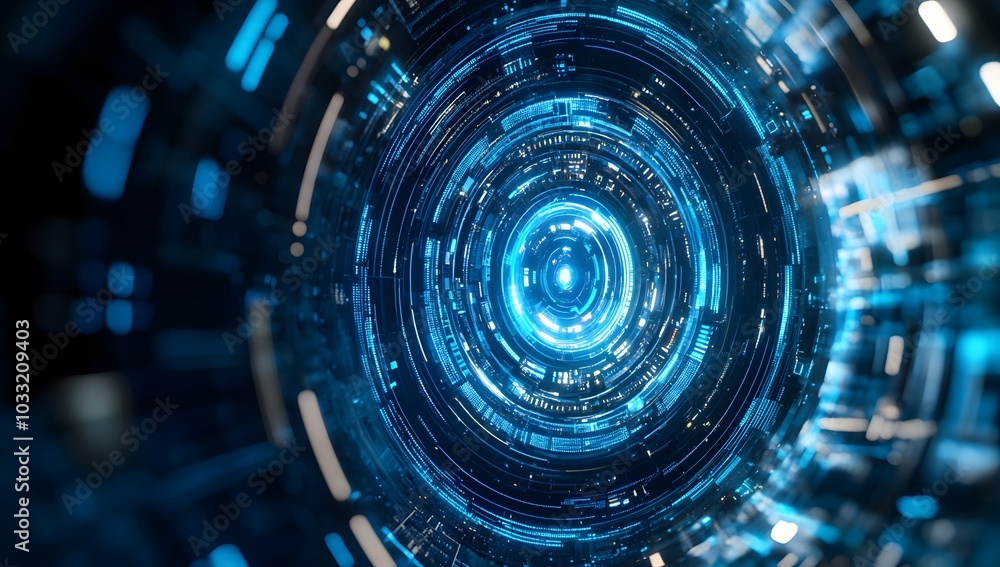 Poster abstract futuristic background with blue glowing circular elements and holographic technological pat