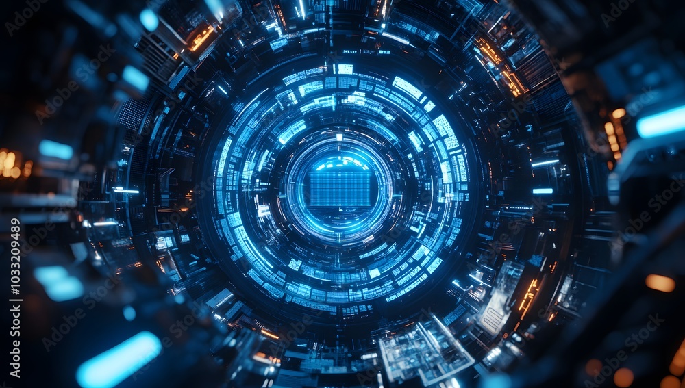 Poster abstract futuristic background with blue glowing circular elements and holographic technological pat