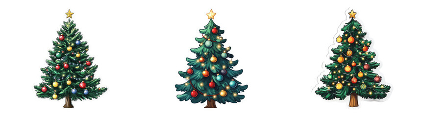 Fototapeta premium Cartoon Christmas Trees Decorated with Ornaments Isolated on Transparent PNG Perfect for Holiday Cards or Christmas Ads