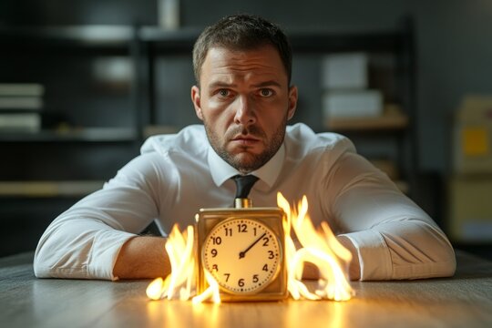 Toxic productivity, panic or burnout employee, overworked to finish work within timeline, hurry to complete multitasking or urgent work schedule concept, productive businessman on burning, Generative 