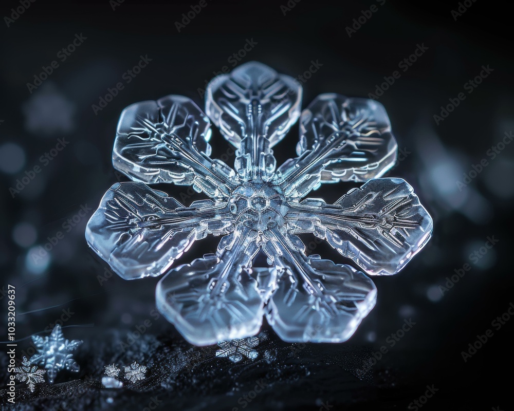 Poster a delicate snowflake with intricate patterns. ai.
