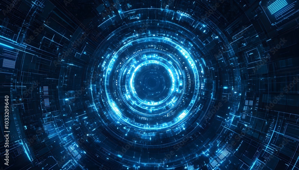 Poster abstract futuristic background with blue glowing circular elements and holographic technological pat
