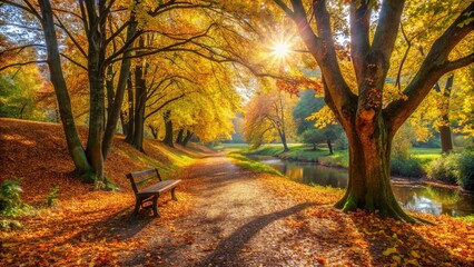 A solitary bench sits amidst golden autumn foliage, inviting reflection as sunlight filters through the vibrant canopy, casting long shadows across the path leading to a tranquil stream.
