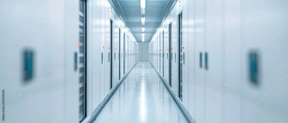 Aufkleber a high-tech corridor featuring rows of server racks in a clean, modern data center with bright fluor