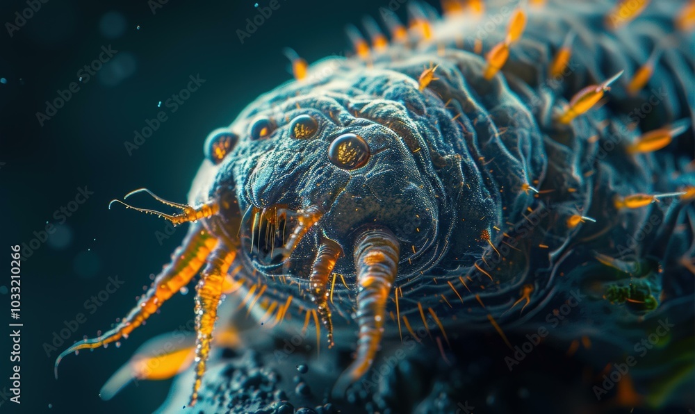 Poster a close-up of a creature with many sharp appendages. ai.