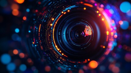 Obraz premium Close-up of a rearview camera lens surrounded by holographic parking assistance lines, vibrant colors, glowing blue tech interface, 3D illustration