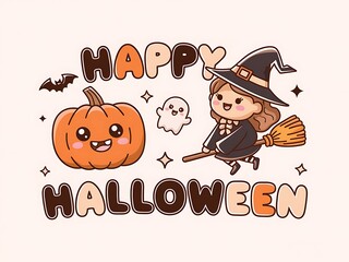 Cute Cartoon Witch Flying on a Broom for Happy Halloween