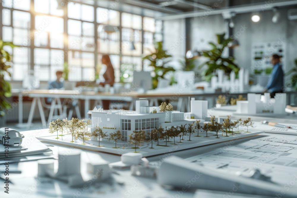 Poster a scale model of a building on a desk with blueprints. ai.