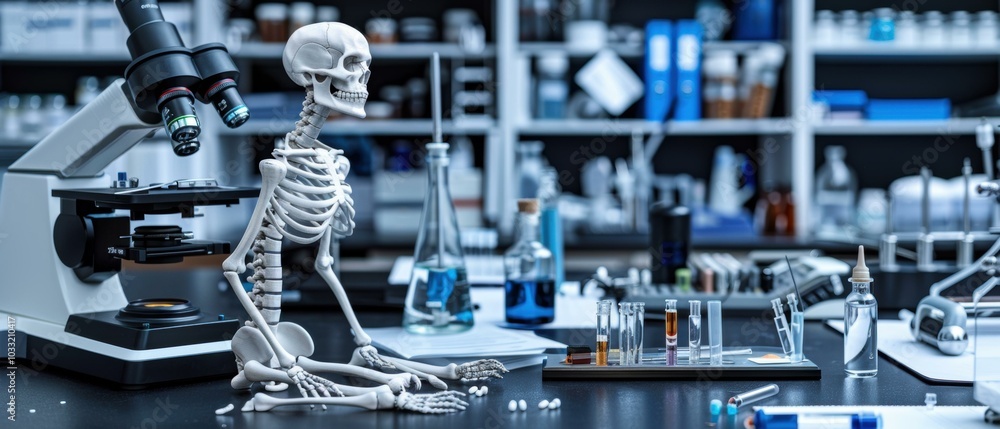Poster a skeleton sits at a lab table with a microscope and beakers. ai.
