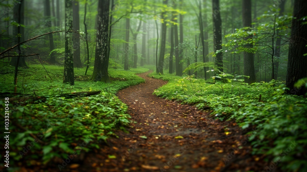 Poster A winding path through a dense forest. AI.