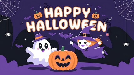 A Happy Halloween Greeting Featuring a Ghost, Witch, and Pumpkins