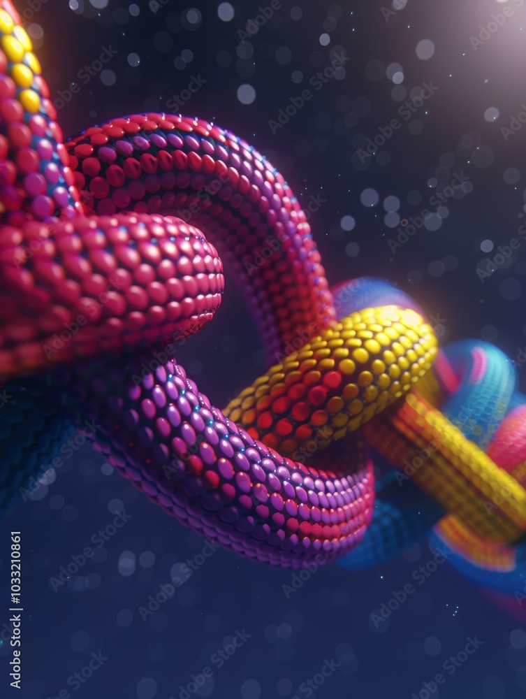 Poster a colorful chain of linked dots. ai.