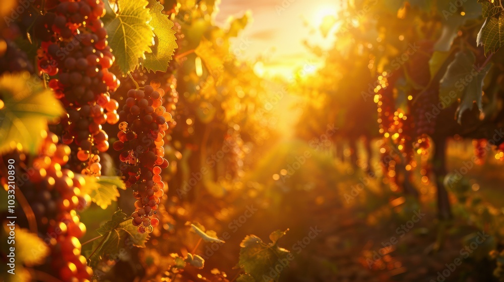 Poster Grapes ripening in the golden sunlight. AI.