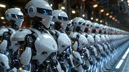 Fototapeta premium A line of robots stands ready. AI.