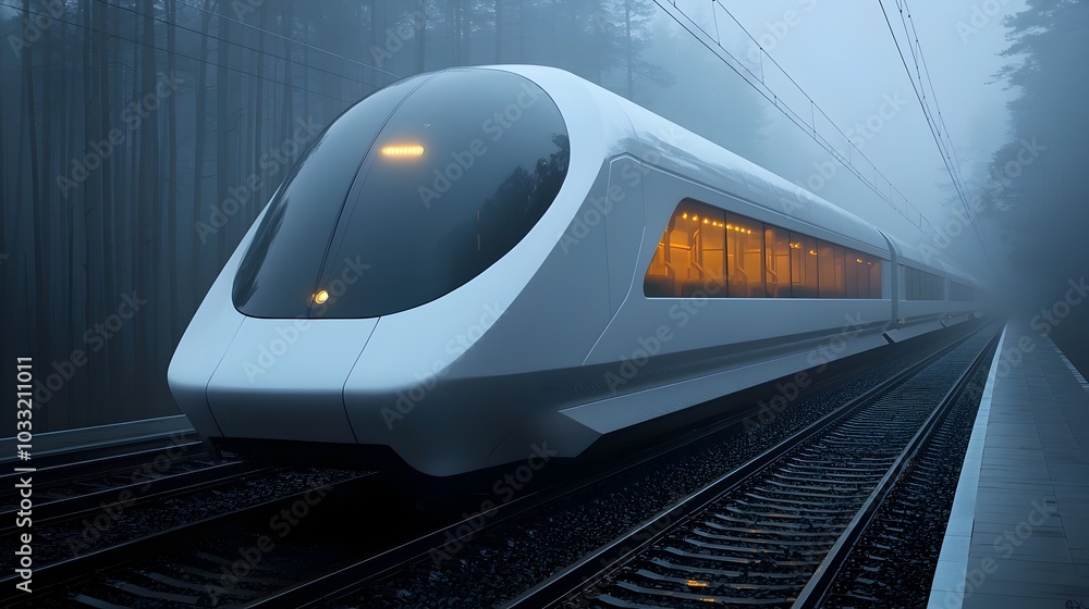 Poster a sleek futuristic magnetic levitation train hovering above the tracks demonstrating the innovative 