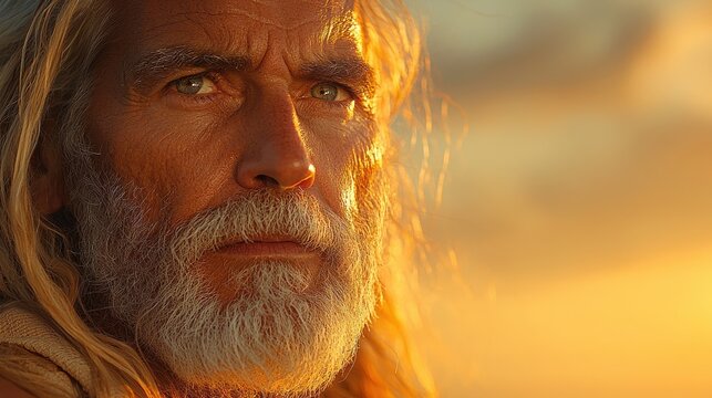 A thoughtful elderly man gazes into the sunset at a serene coastal location, reflecting on life’s journey during twilight hours - Powered by Adobe