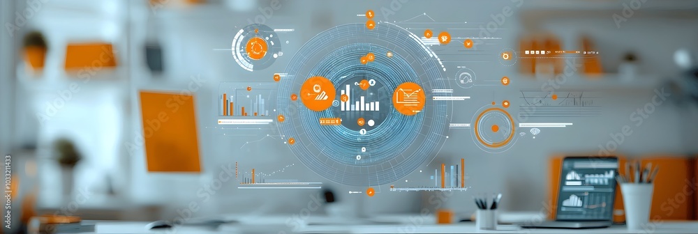 Poster blended business analytics charts and graphs overlaying a blurred office scene background with desk 