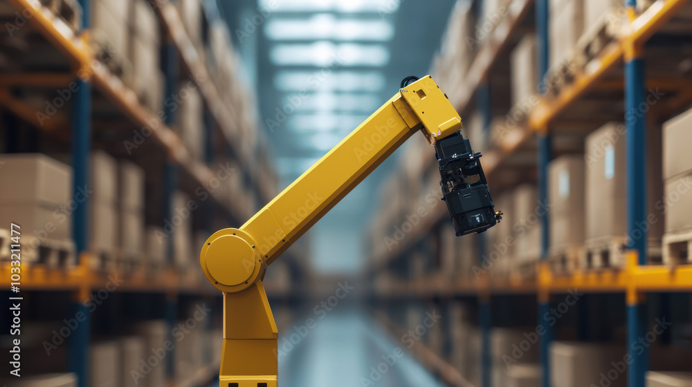 Poster a yellow robotic arm is positioned in a warehouse aisle filled with stacked cardboard boxes, showcas