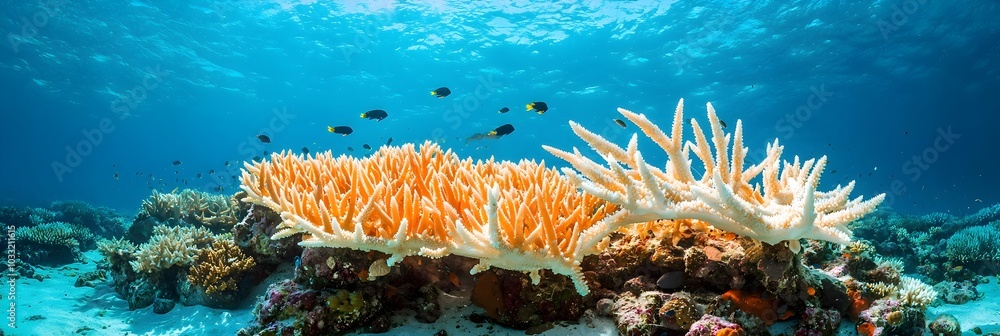 Poster breathtaking underwater scene showcasing a thriving coral reef ecosystem filled with a vibrant array