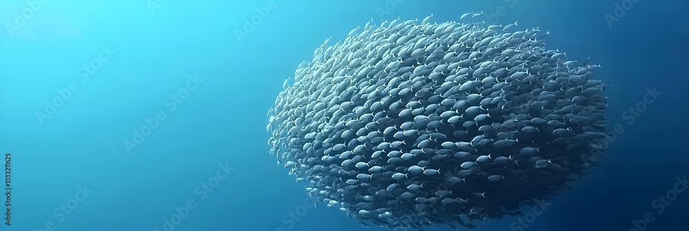 Poster Breathtaking underwater view showcasing a vibrant shoal of diverse fish swimming in mesmerizing patterns and shapes creating a captivating and fluid abstract composition in the vast ocean
