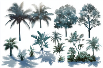 Fototapeta premium Collection of tropical palm trees and plants with shadows on white background 
