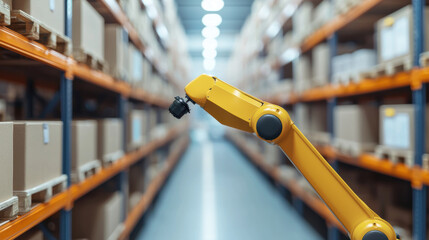 A robotic arm operates in a large warehouse filled with stacked boxes on shelves, highlighting automation in logistics.