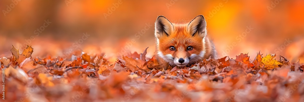 Poster captivating fox tracks winding through a carpet of vibrant autumn leaves in a serene and tranquil fo