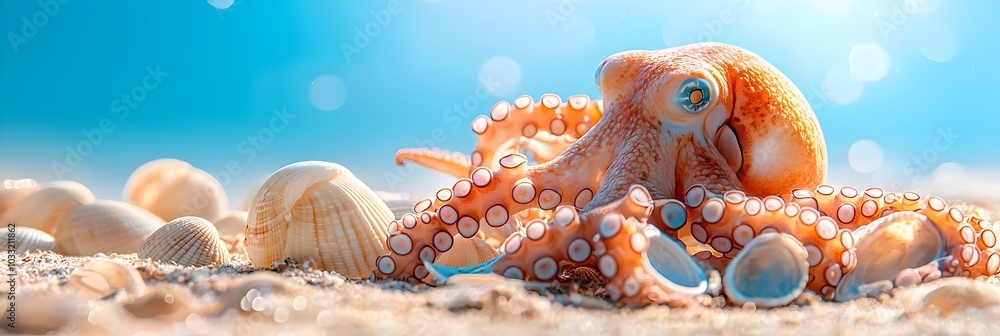 Aufkleber Captivating image of octopus tentacles delicately curling and coiling around seashells creating a mesmerizing and ethereal scene on the serene ocean floor