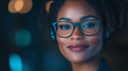 Portrait of a Smiling Woman in Glasses and Headphones