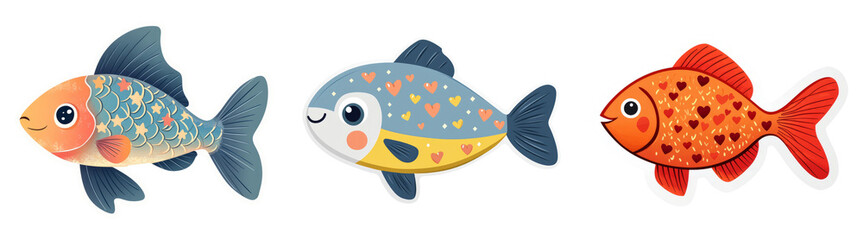Cartoon Fish Characters in Various Colors Isolated on Transparent PNG Ideal for Children's Illustrations or Marine-Themed Designs