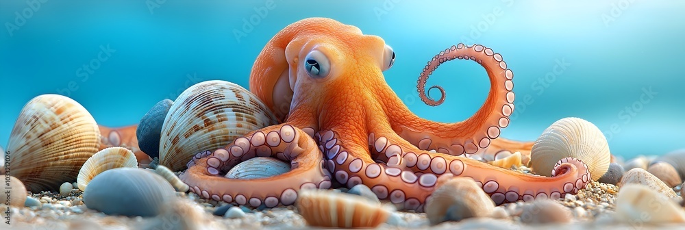 Poster Captivating image showcases the graceful flowing movements of octopus tentacles as they curl and coil around delicate seashells resting peacefully on the tranquil ocean floor  This serene