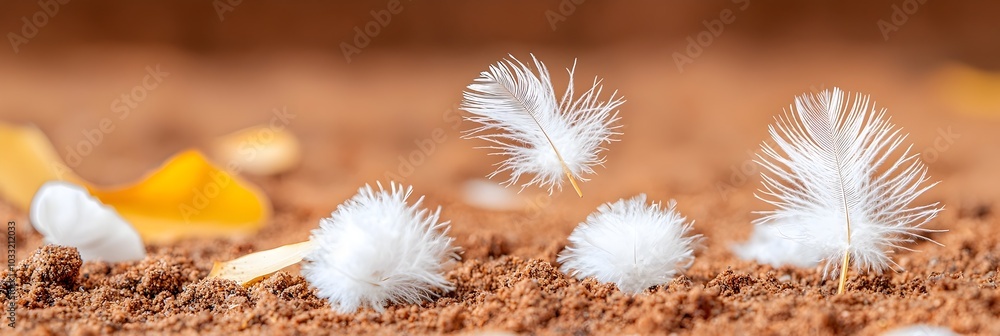 Poster Captivating image showcasing a scattering of delicate feathers on the ground with intricate textures soft colors and wispy ethereal details that evoke a sense of natural beauty and tranquility