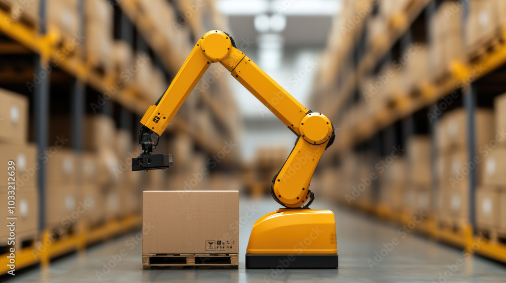 Poster a robotic arm is positioned next to a cardboard box in a warehouse, showcasing automation and effici