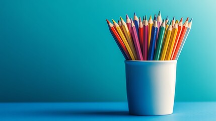 Colorful pencils arranged in a white cup against a blue background.