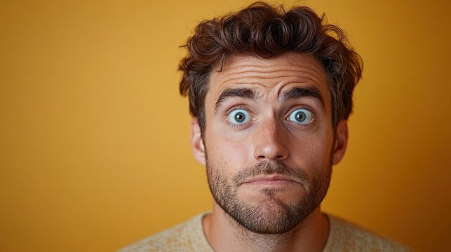Realistic face of a 29-year-old man showing confusion with a puzzled expression and furrowed brow, set against a clean, neutral background. Highlights perplexity. High resolution Illustration, in the