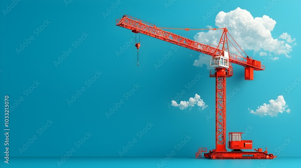 Poster crane boom extended to its maximum height reaching up towards the swirling clouds in the sky above t