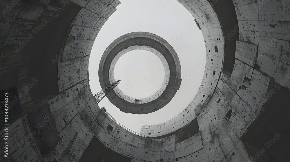 Poster digital rendering depicting a spiral arrangement of industrial tanks and towers symbolizing the cycl
