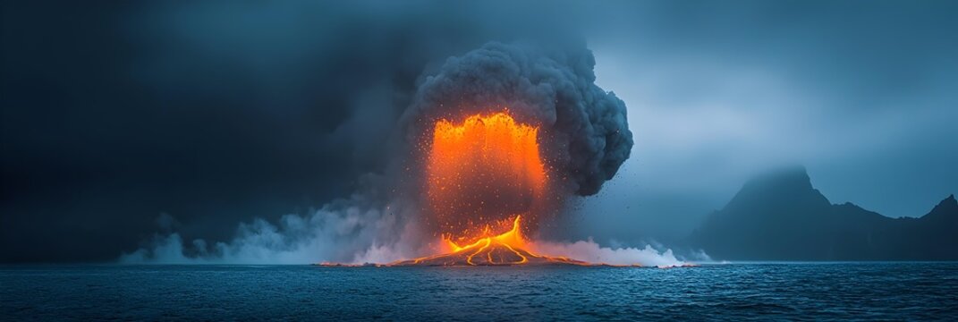 Dramatic and captivating volcanic eruption with molten lava dramatically cascading and flowing into the raging turbulent seas  Powerful display of the raw destructive force of nature