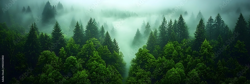 Poster Ethereal fog rolling over a dense forest creating a mesmerizing and mysterious atmosphere  The misty moody landscape evokes a sense of tranquility and wonder