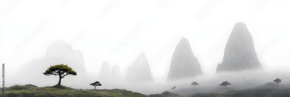 Poster Ethereal landscape with misty mountain peaks rising into the clouds their silhouetted forms creating a captivating and mysterious scene