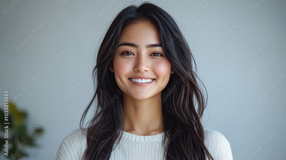 Wall mural realistic portrait of a woman, aged 25, smiling joyfully, isolated on a clean background. emphasizes