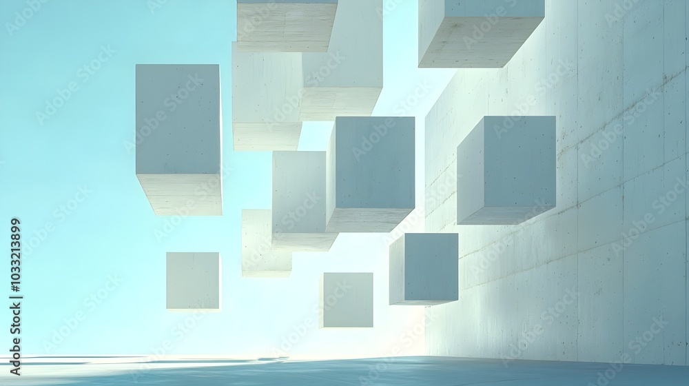 Poster Floating geometric shapes casting unexpected shadows creating captivating illusions of depth and dimension in a minimalist digital composition  This striking surreal scene offers a modern