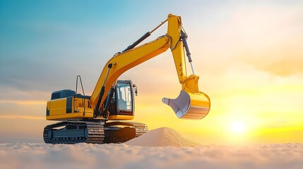 Excavator bucket suspended mid air scooping a load of sand against a dramatic colorful sunset landscape background  Heavy construction machinery in action with an industrial earthmoving scene