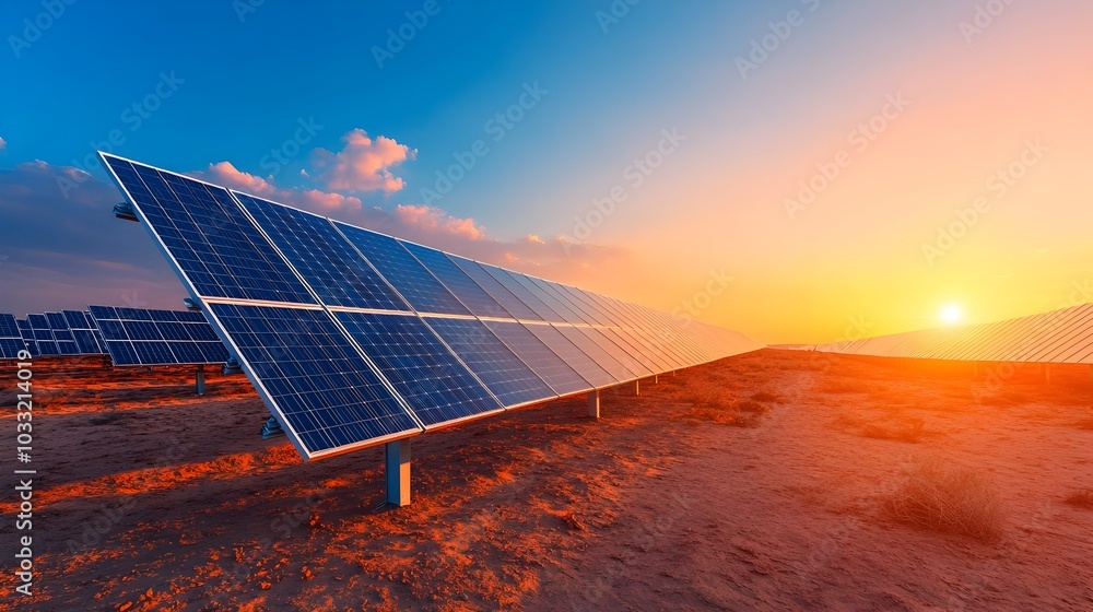 Poster gleaming solar panels reflecting the sun s rays across a vast arid desert landscape capturing the po