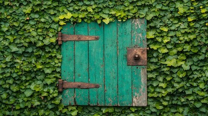 Lush ivy leaves cascading and partially obscuring the entrance of an old weathered wooden door  The overgrown foliage creates a natural organic barrier and frames the rustic architectural element