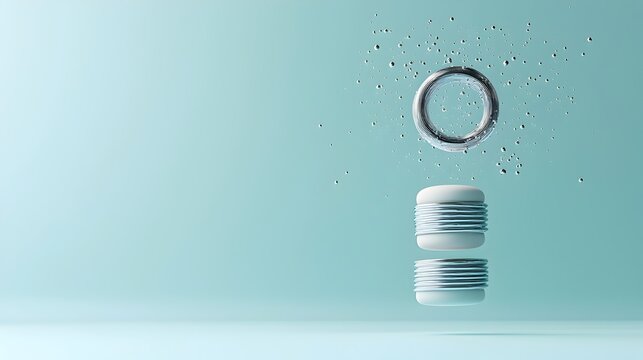 Magnet hovering in mid air over a stack of metallic rings creating a captivating minimalist and conceptual composition that defies the natural laws of gravity