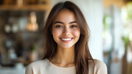 Realistic portrait of a woman, aged 25, smiling joyfully, isolated on a clean background....